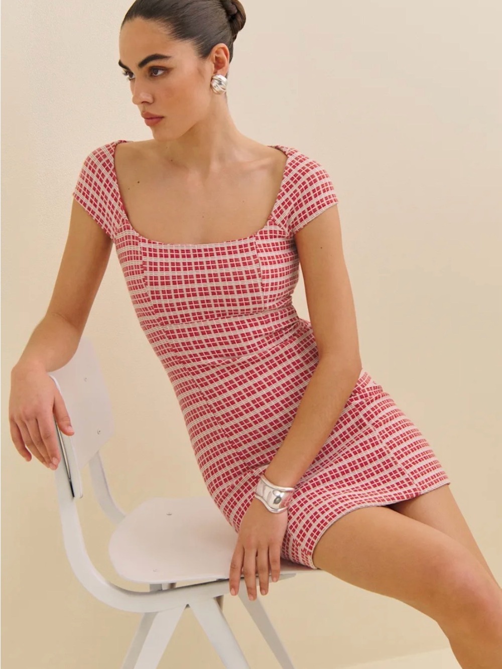 Reformation Red and White Checked Square-Neck Mini Dress